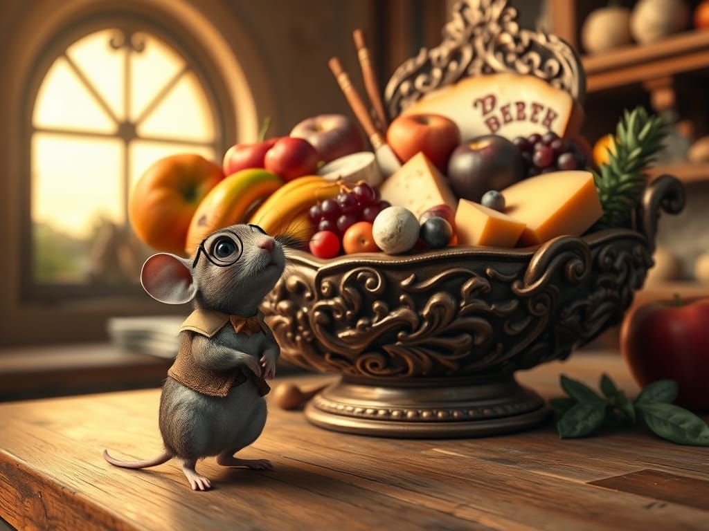 Whimsical Mouse Discovers Vibrant Fruit and Cheese in a Gold...