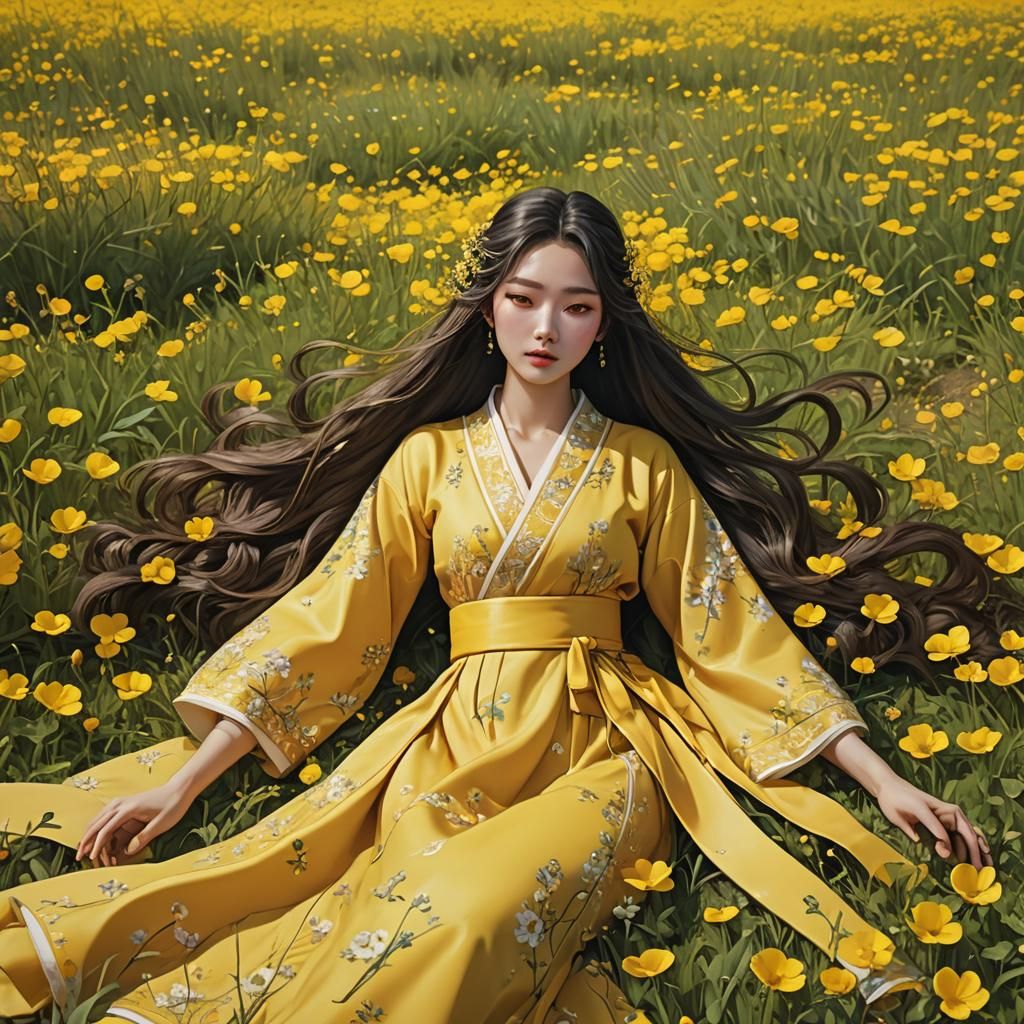 Woman in Buttercup Field: 3D Anime Art