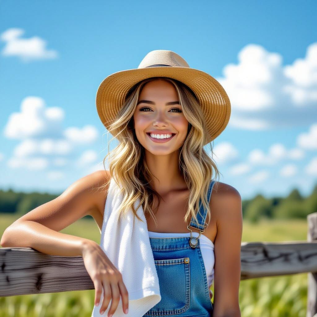 Young Woman in Overalls Leaning on Fence