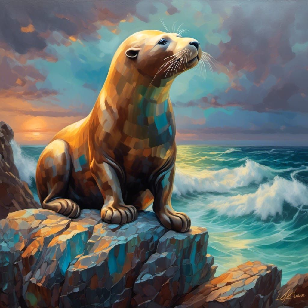 Glass Sea Lion Overlooking Stormy Ocean: Oil Painting