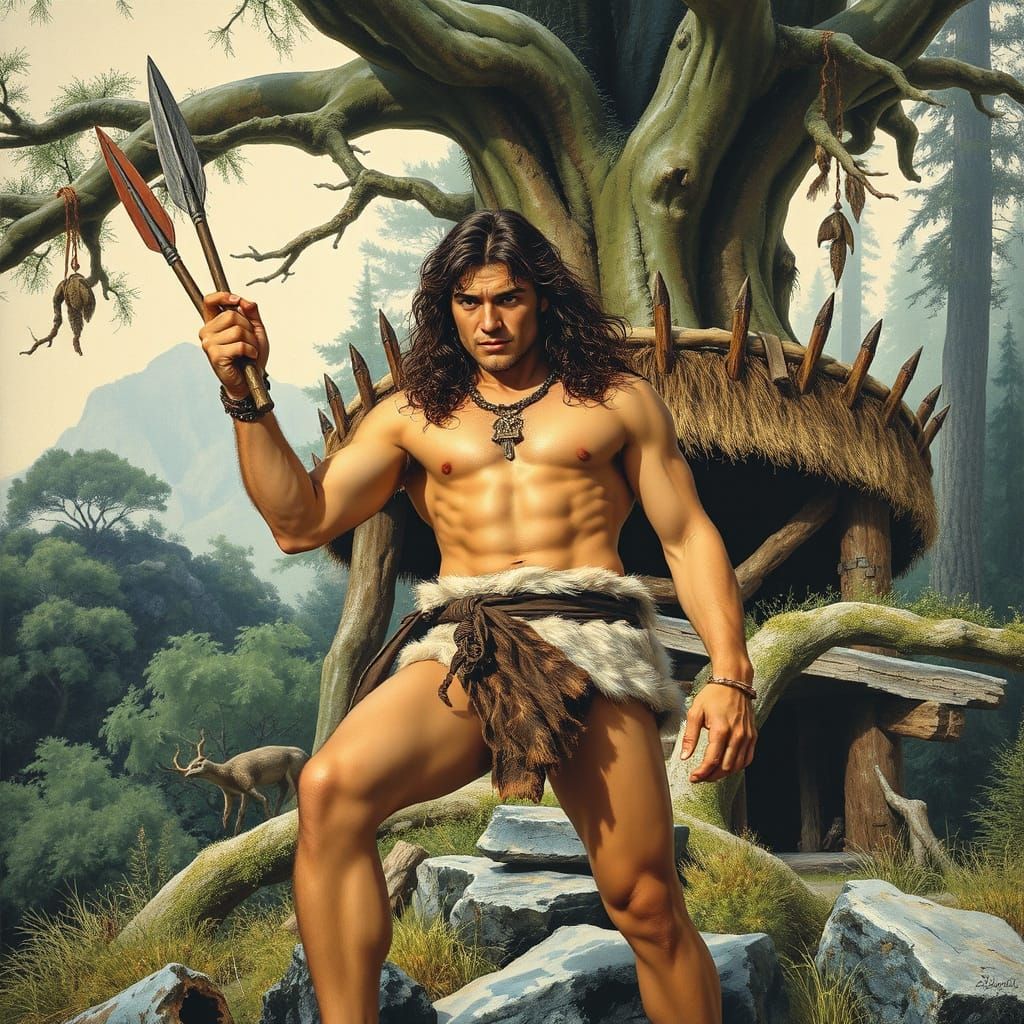 Caveman Hero in Prehistoric Treehouse