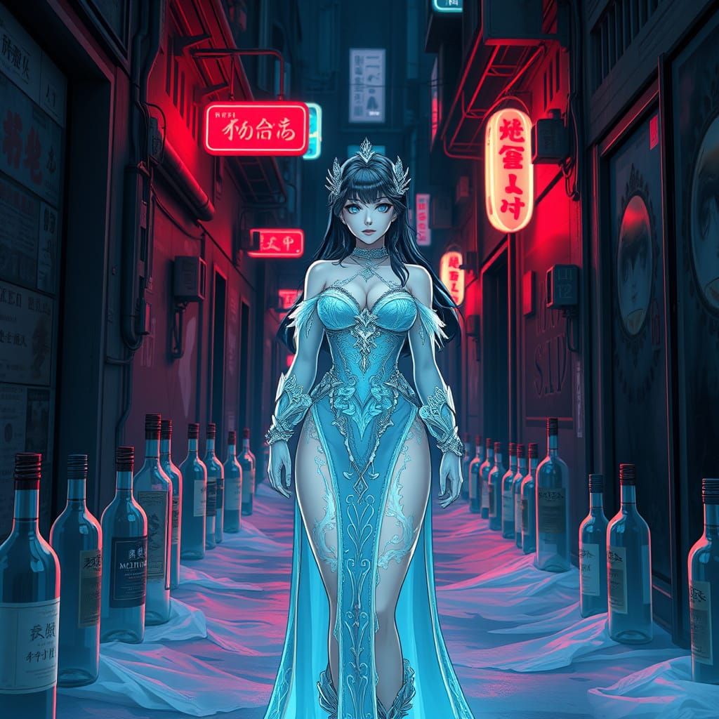 Icy Woman in Neon Alleyway: 3D Anime Art