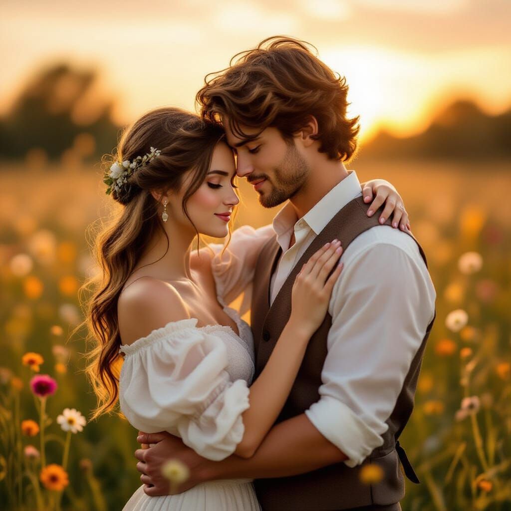Romantic Couple in Sunlit Meadow at Golden Hour
