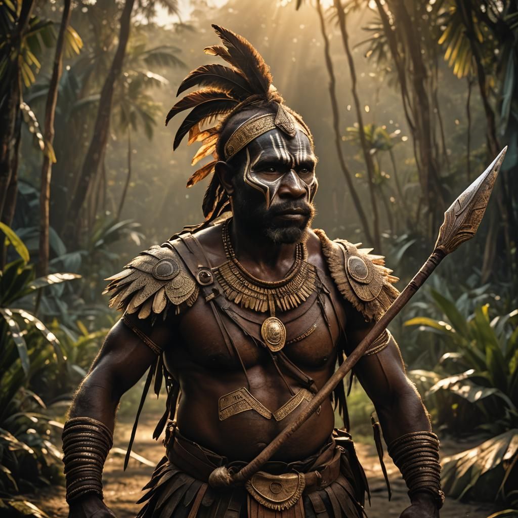 Papuan Warrior with Spear in Dramatic Lighting