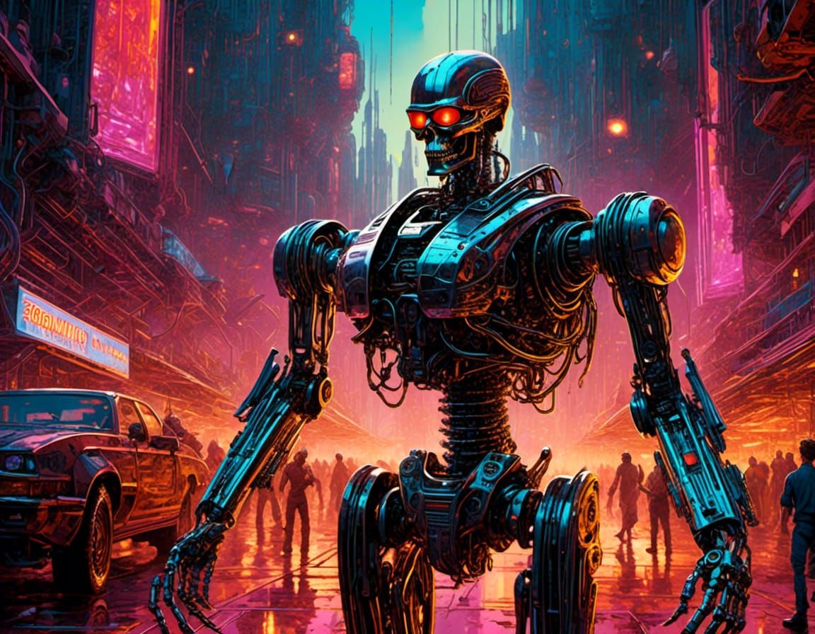 Skinless Terminator Robot Cyborg in Cyberpunk Style