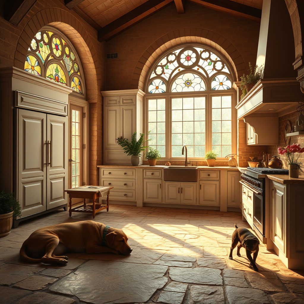 Italianate Kitchen with Stained Glass Windows