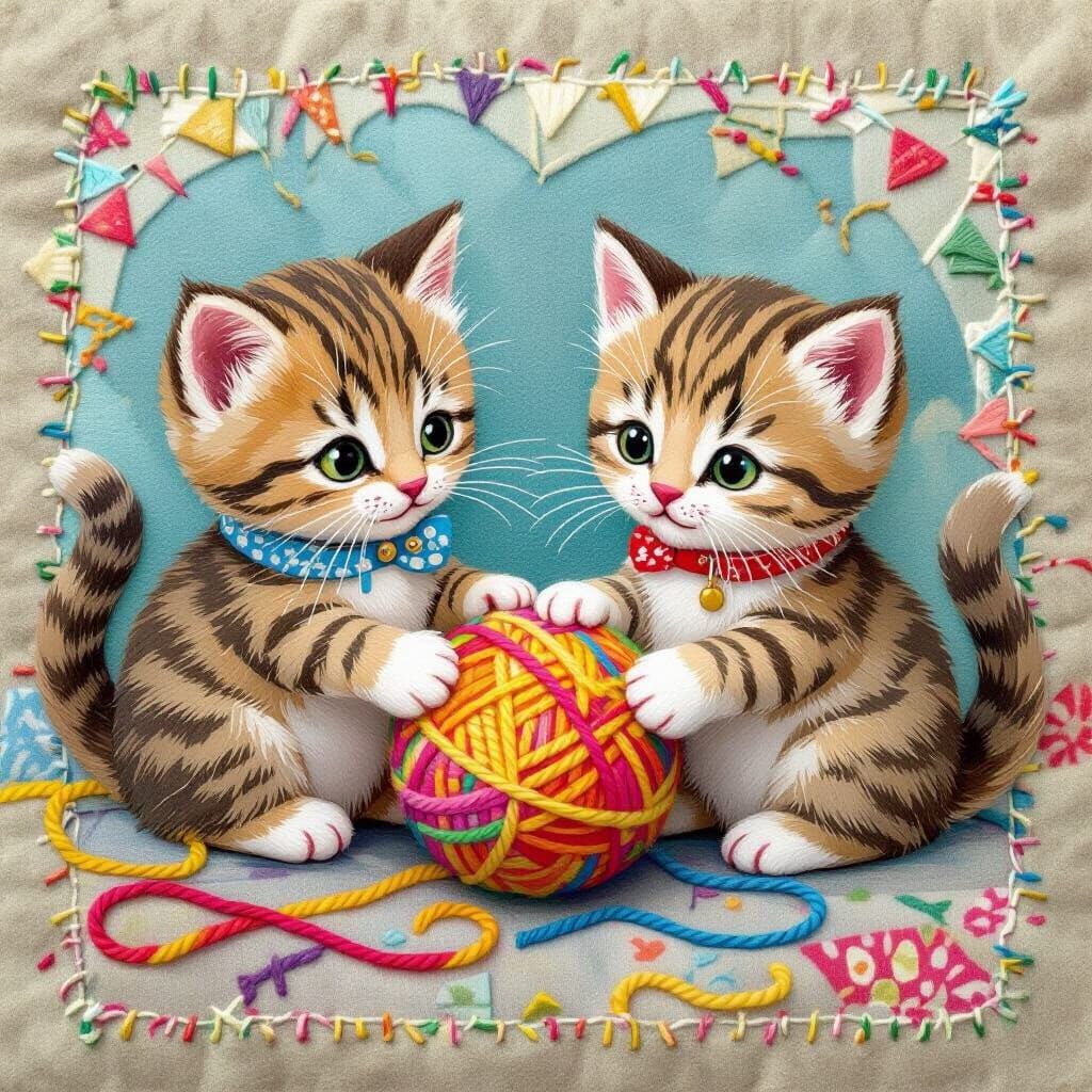 Whimsical Kittens Play With Yarn in Felt Art Style
