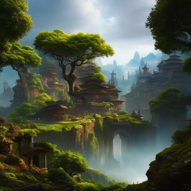 Lush Chinese Mountain Village: Fantasy Concept Art