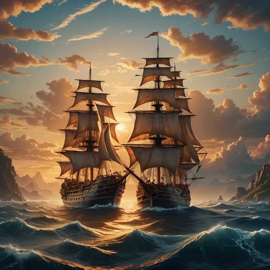 Majestic Ship at Sunset: Fantasy Concept Art