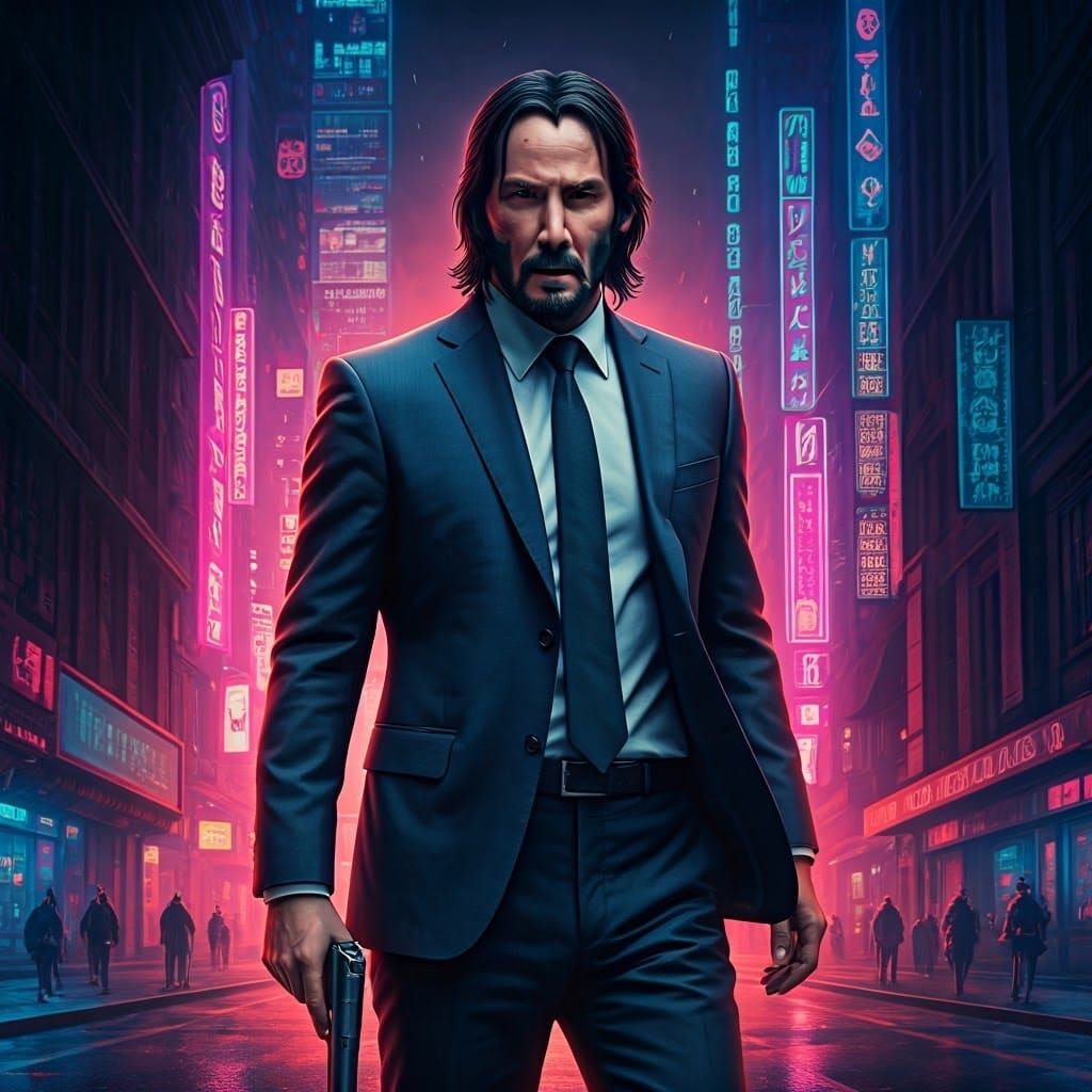 Keanu Reeves as John Wick in Neon Cityscape