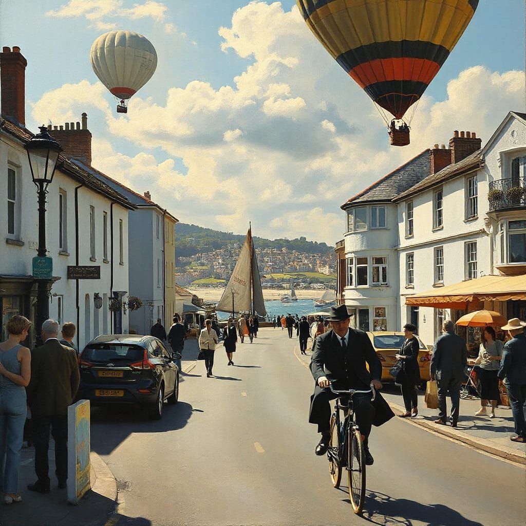 Surreal Victorian Street Scene with Hot Air Balloon