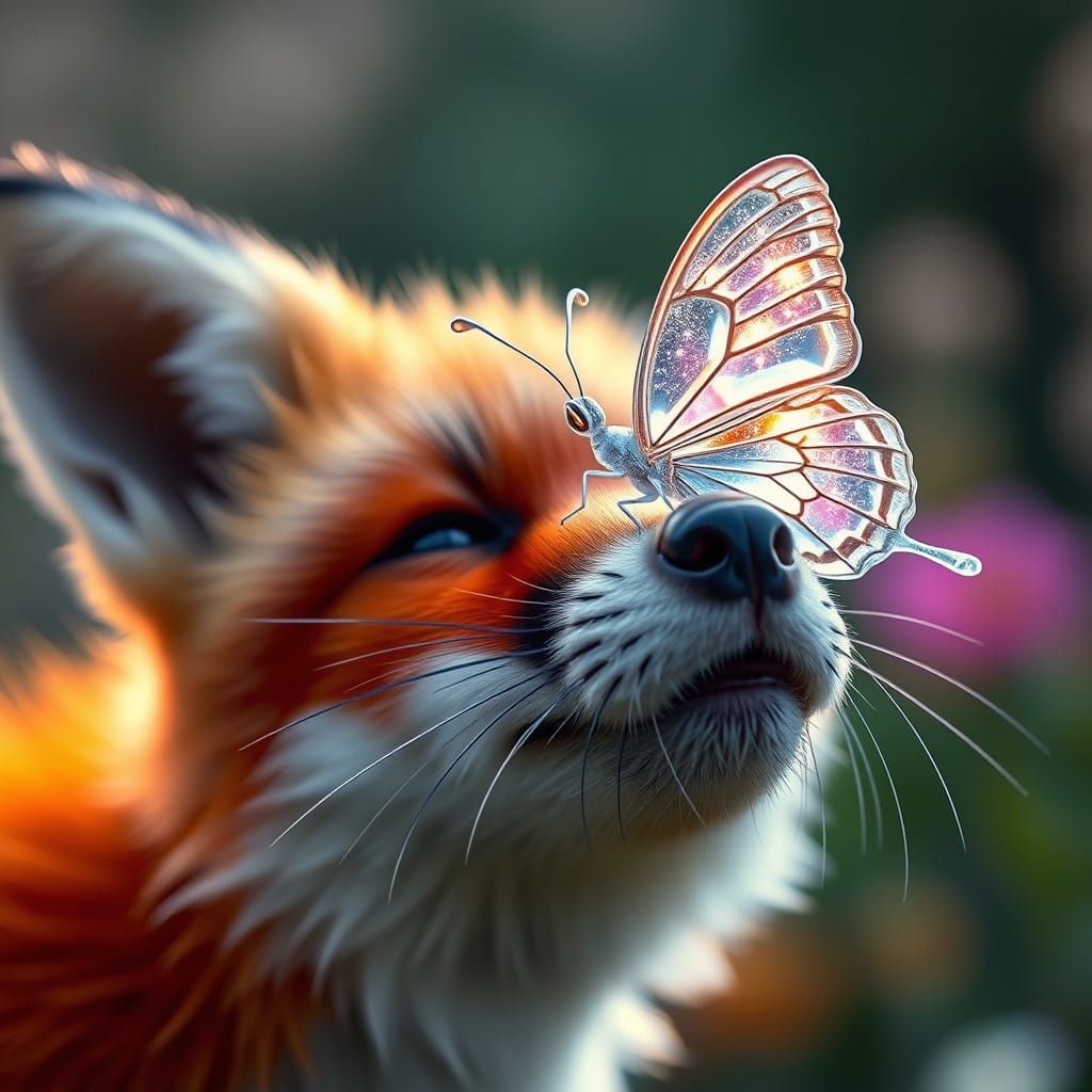 Crystal Glass Butterfly Adorns Fox's Nose in Whimsical Garde...