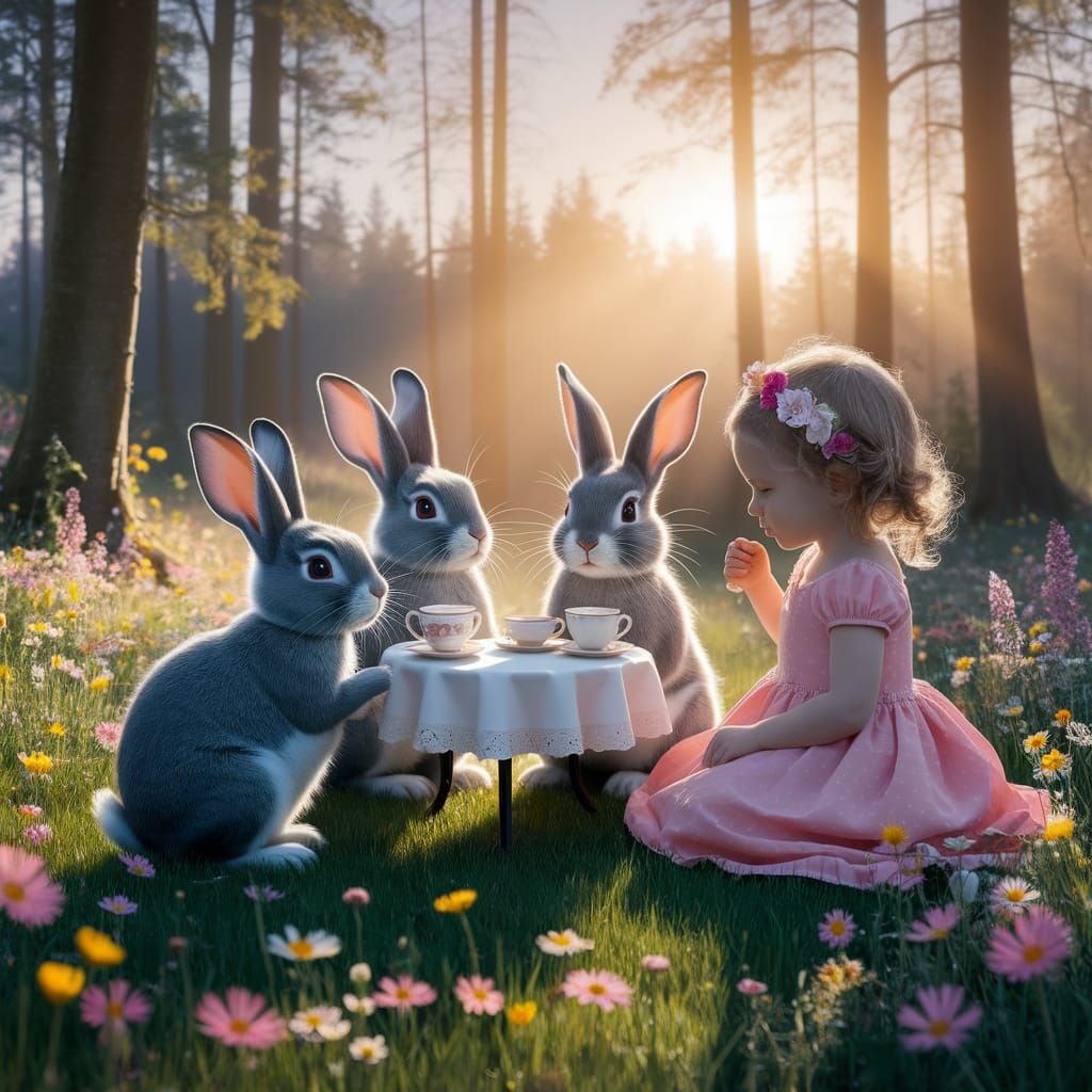 Whimsical Rabbits Enjoy Sunrise Tea Party in Enchanted Fores...