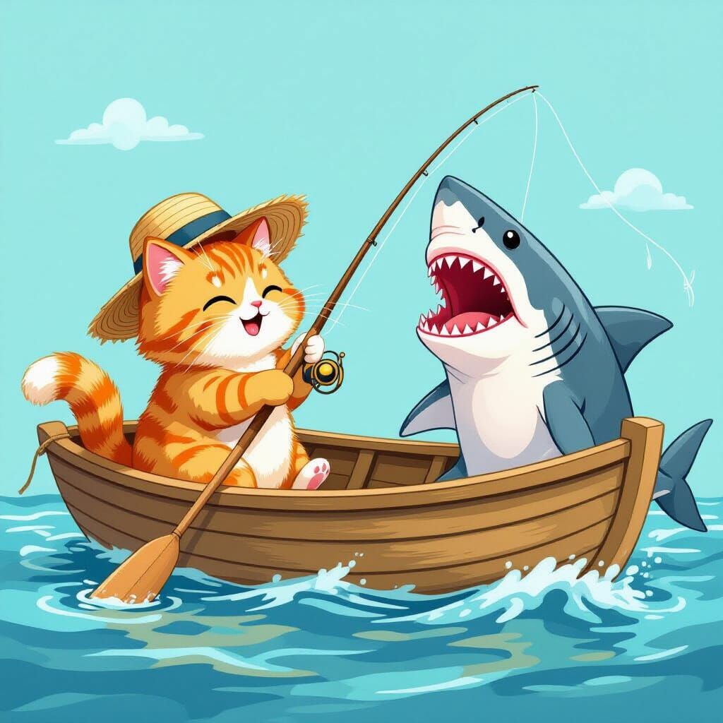 Whimsical Cat Catches Great White Shark in Storybook Style