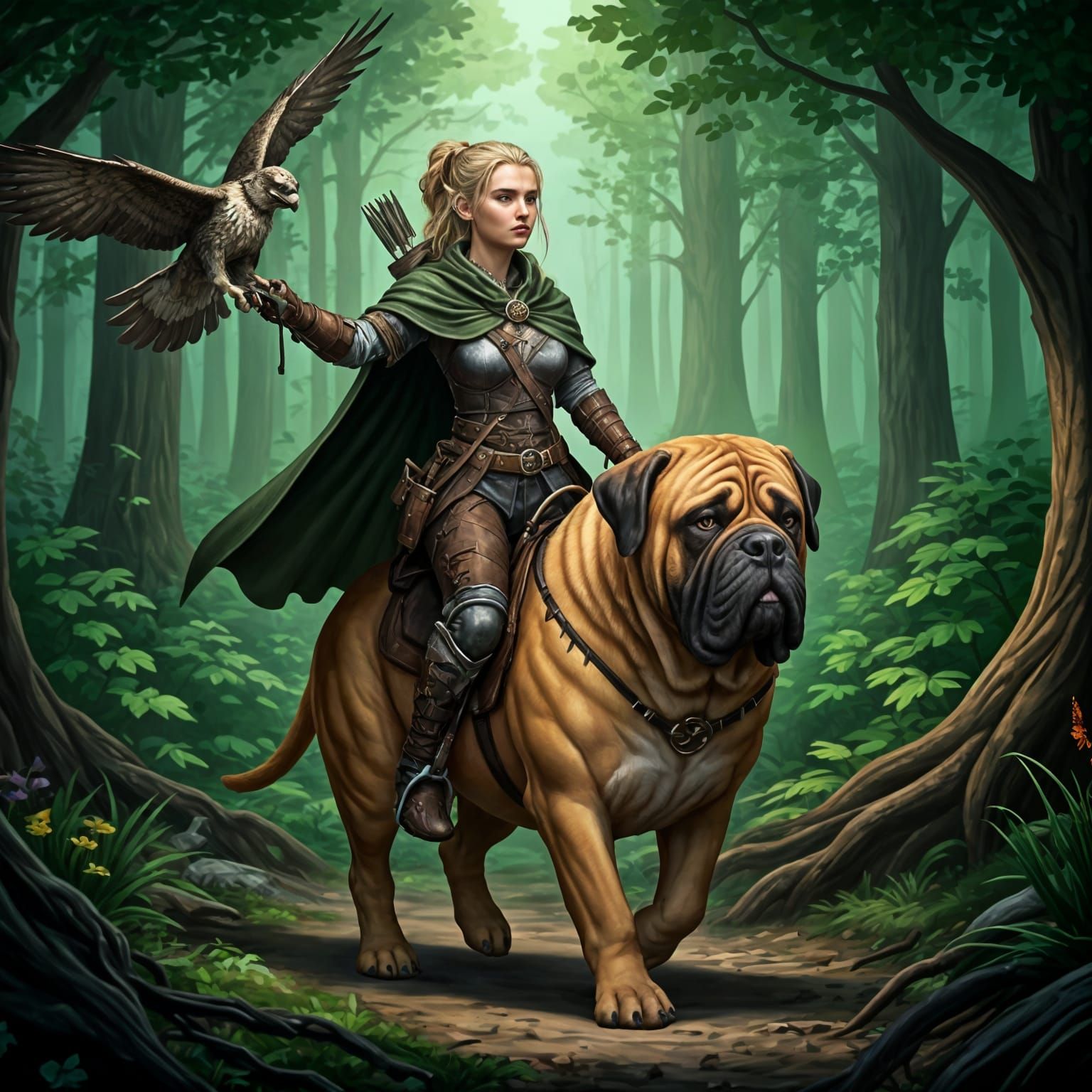Halfling Ranger on Mastiff in Fantasy Forest