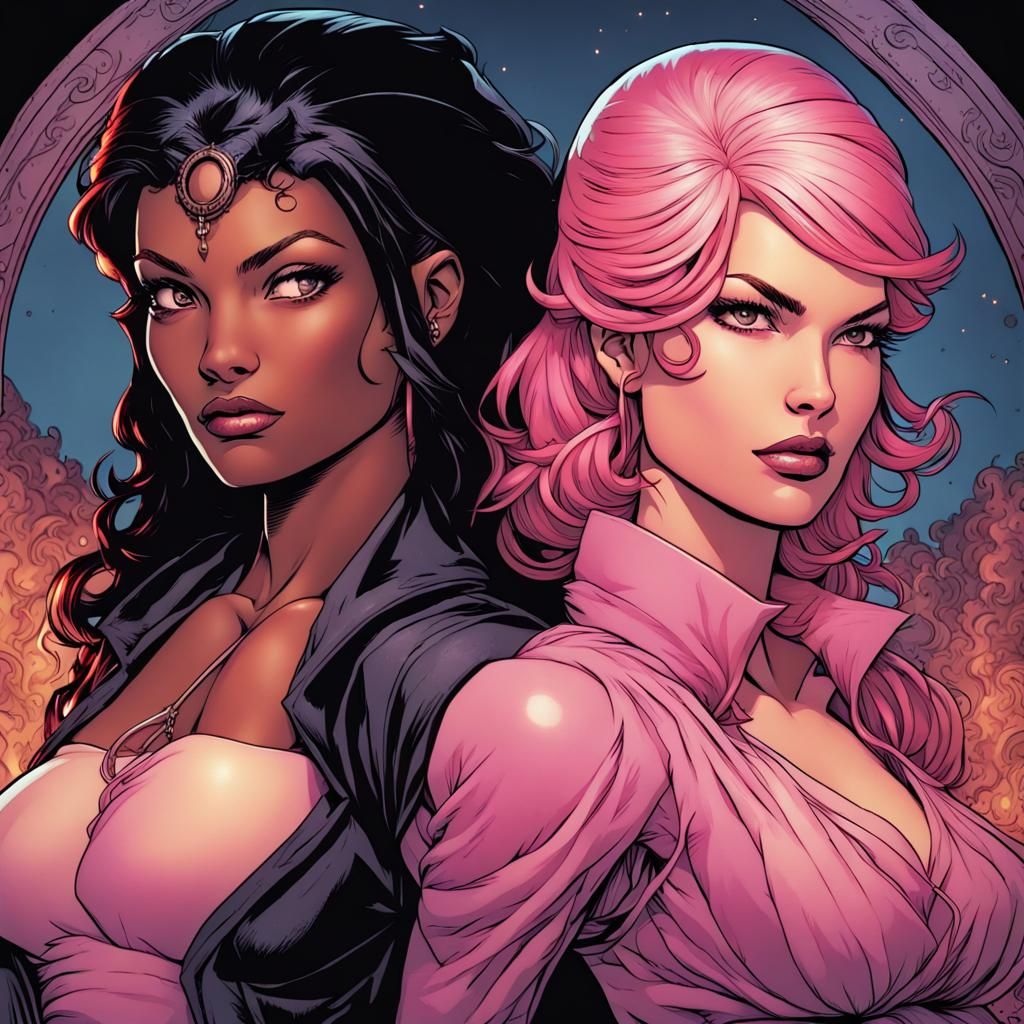 Two Witches Posing in Comic Book Art Style