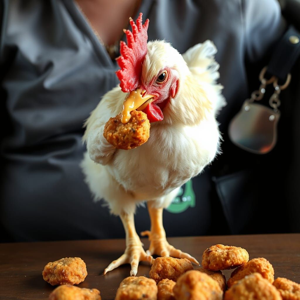 Chicken Eats Nuggets While Purse Observes
