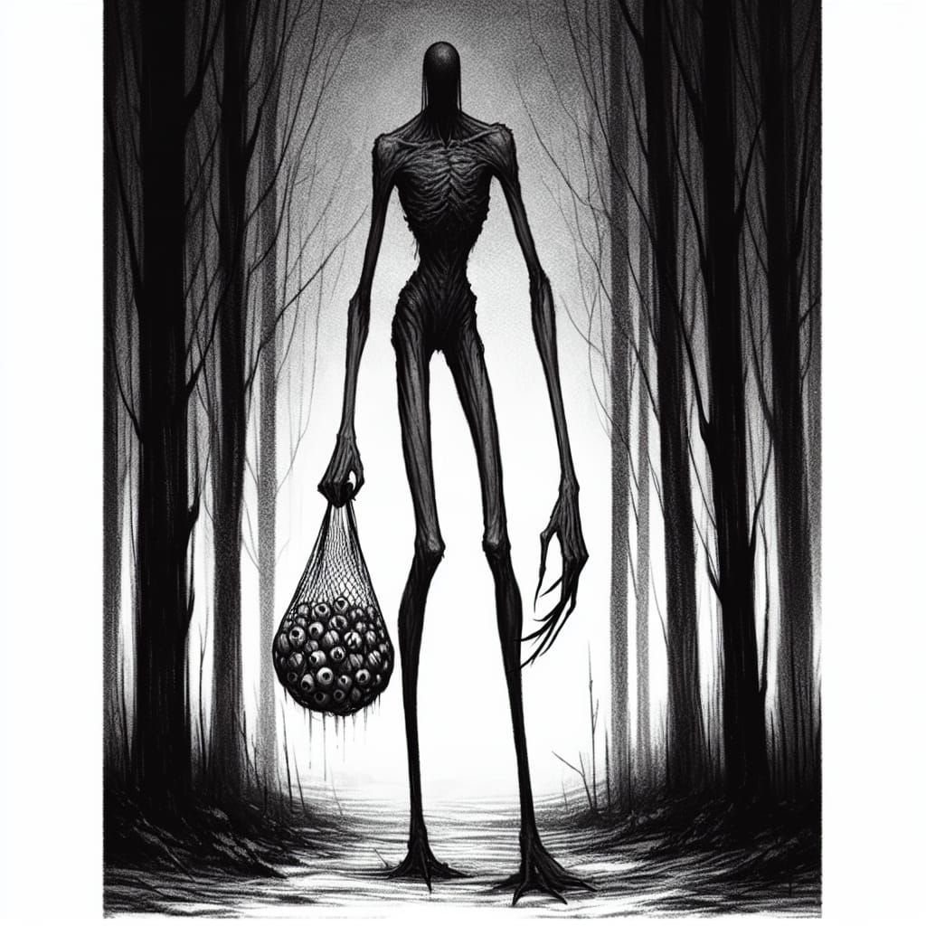 Ethereal Horror Figure Emerges from Dark Foggy Forest