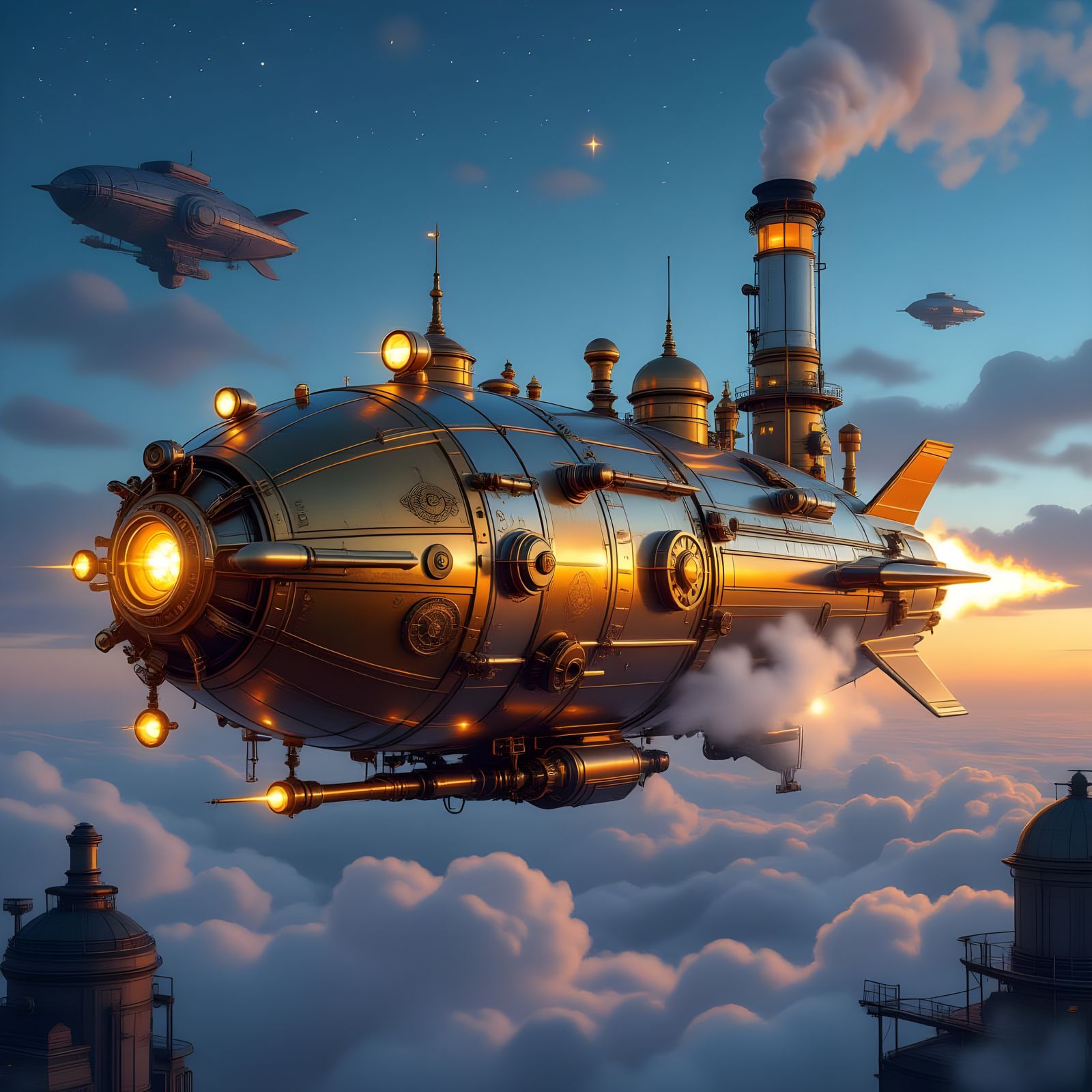 Steampunk Rocket Ship with Victorian Engravings