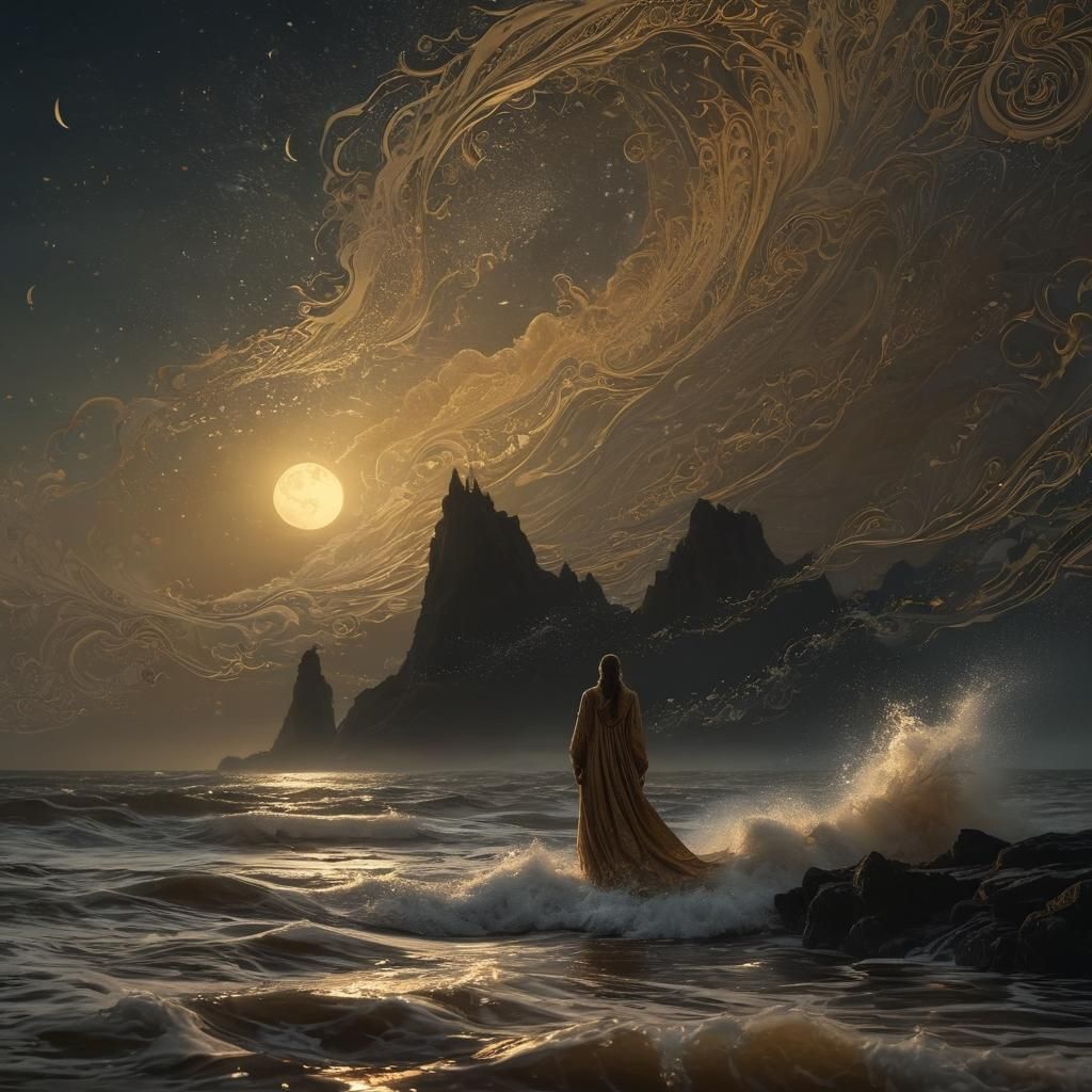 Ethereal Nighttime Sea Scene in Moody Fantasy Style