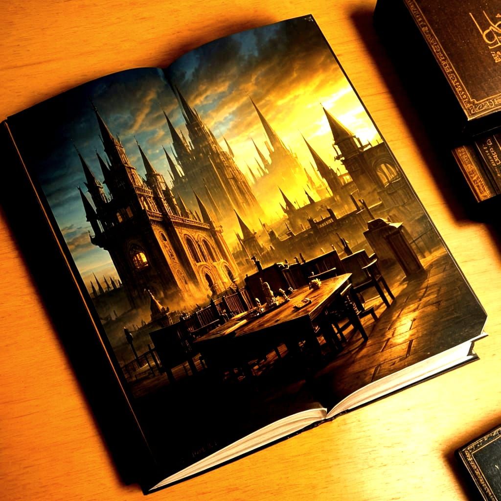 Hyperrealistic Book on Oak Table in Golden Light