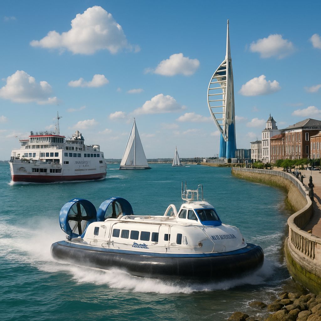 Seafront in Portsmouth, a ferry, a hovercraft, a sailing boat on the sea, beautiful weather, details