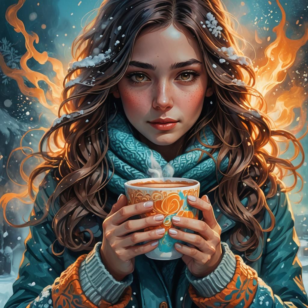 Girl Warms Hands with Hot Chocolate, Art Nouveau Style