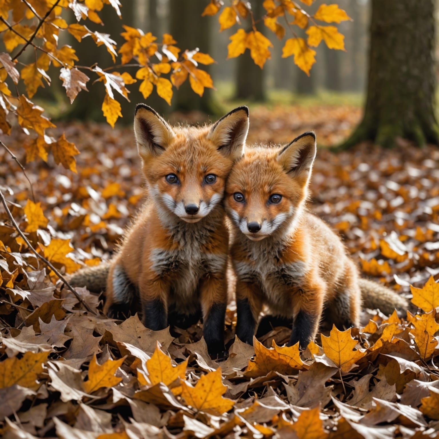 Fox Cubs Play in Autumn Oak Leaves