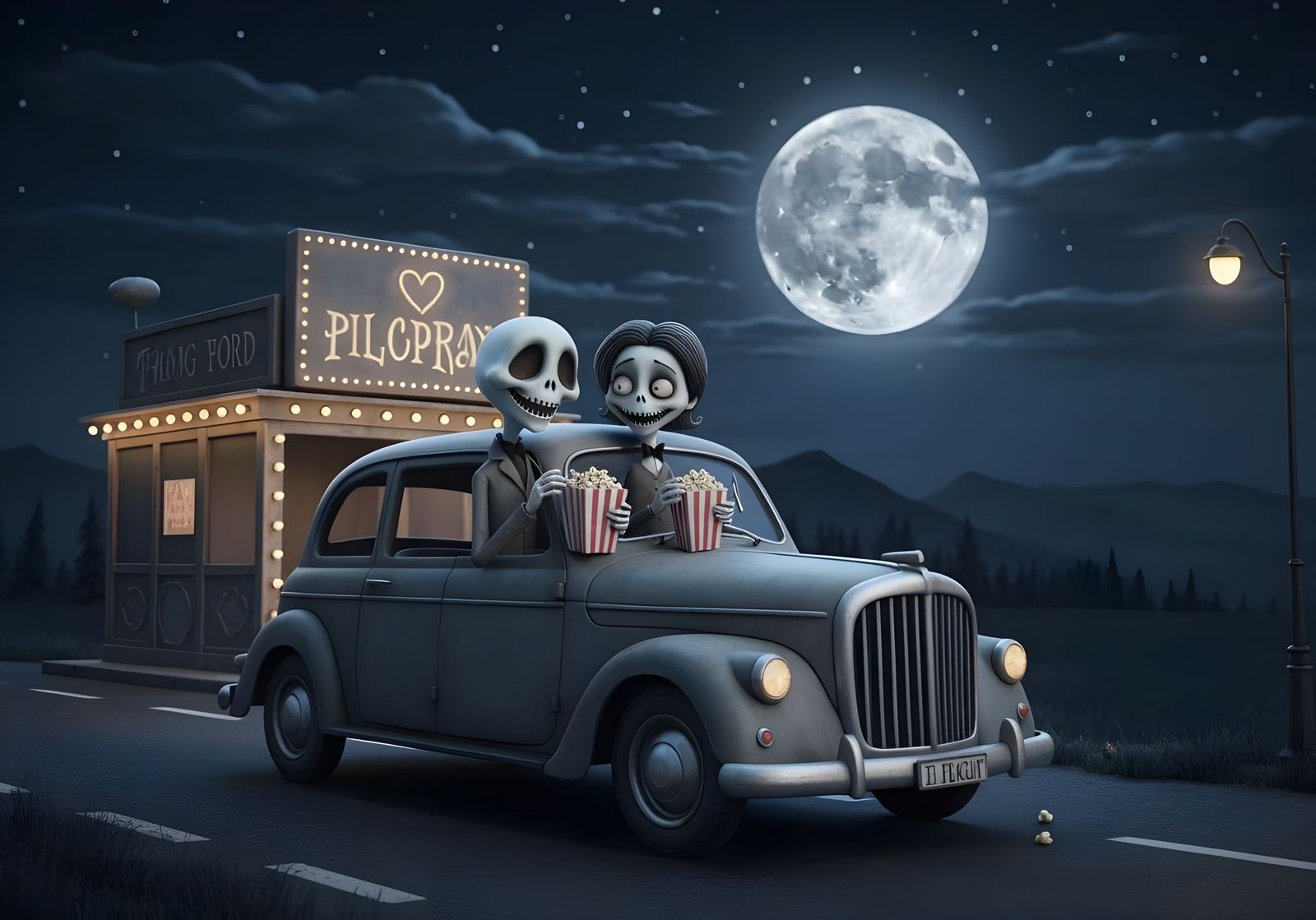 Gothic Romance: Ghosts Share Popcorn in Vintage Car Under Fu...