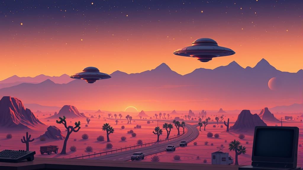 8-bit UFOs Over Desert Landscape Diorama