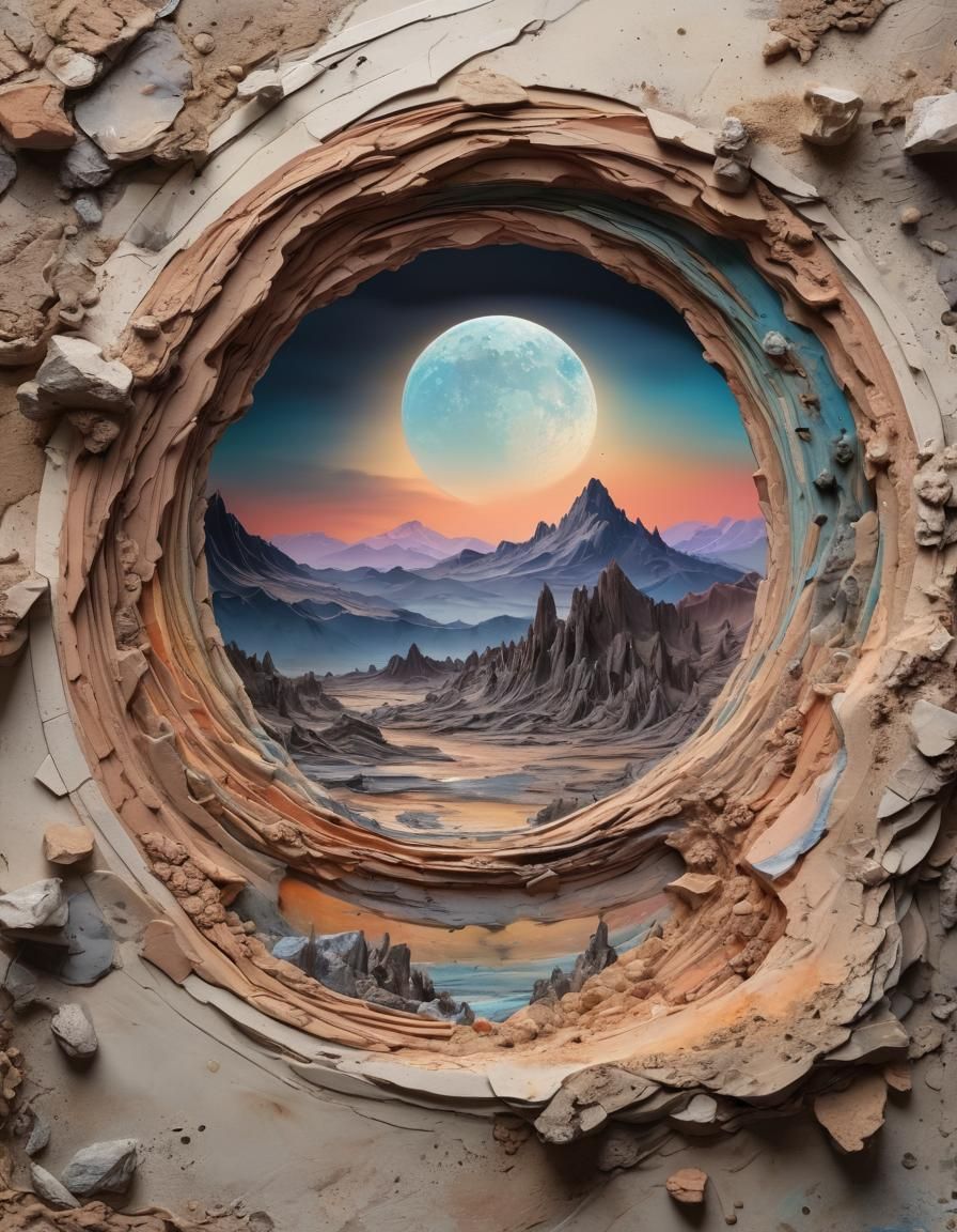 Mixed art with sculptures made from layers of clay.