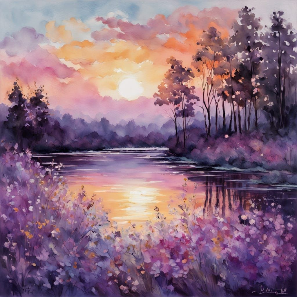 Serene Lake Sunset Reflection with Wildflowers