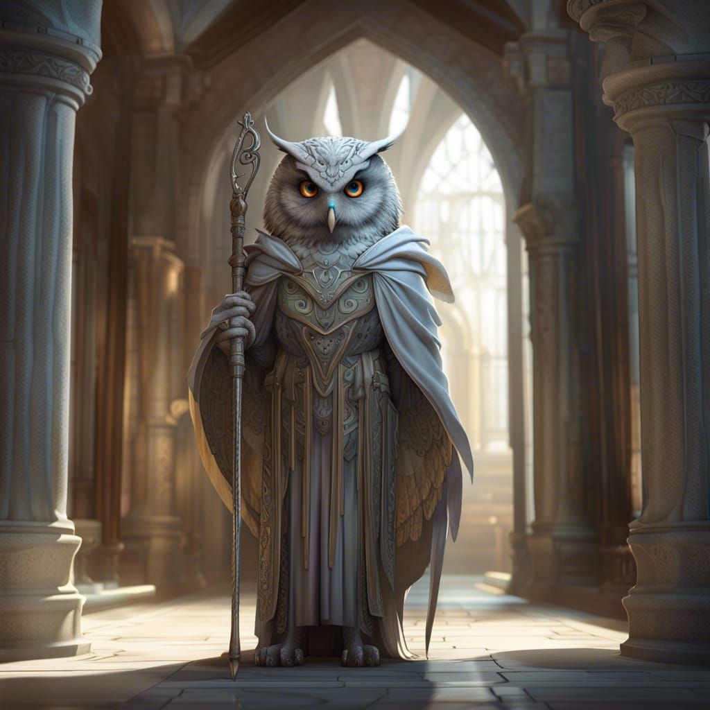 Owlin Wizard in Castle Hallway, Fantasy Art
