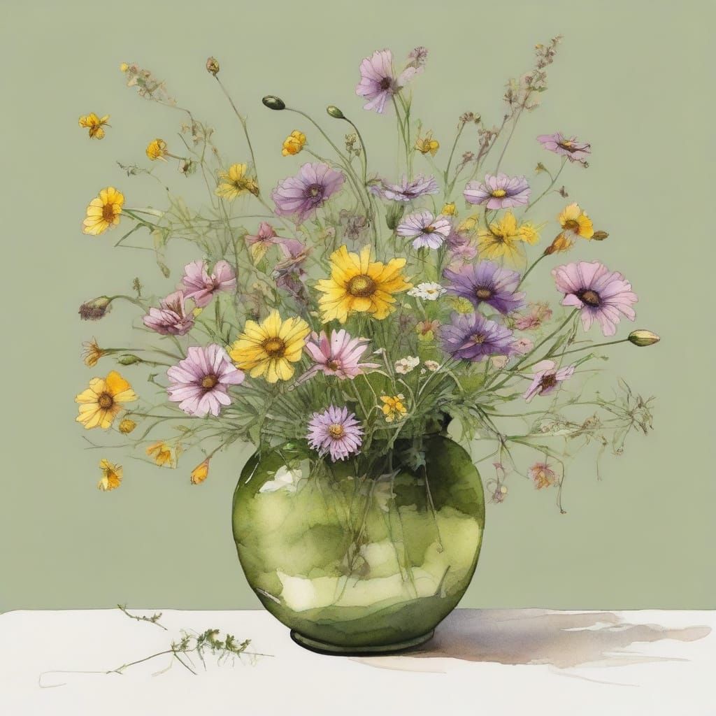 Stylized Watercolor Arrangement of Wildflowers in an Olive G...