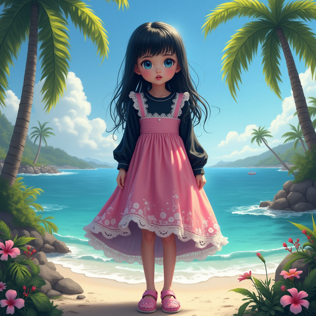 Girl in Pink Pinafore on Mystical Island