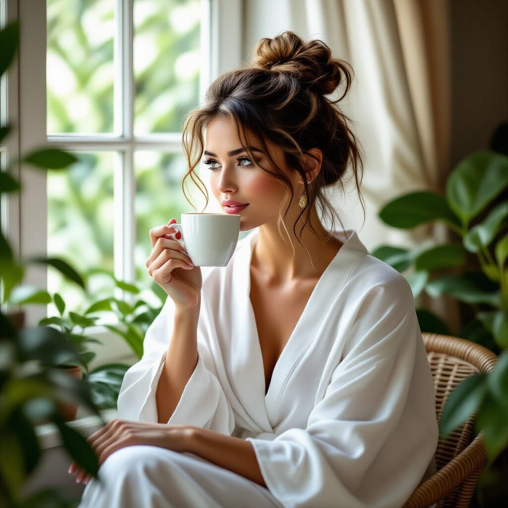 Woman in White Robe Sipping Coffee with Lush Greenery