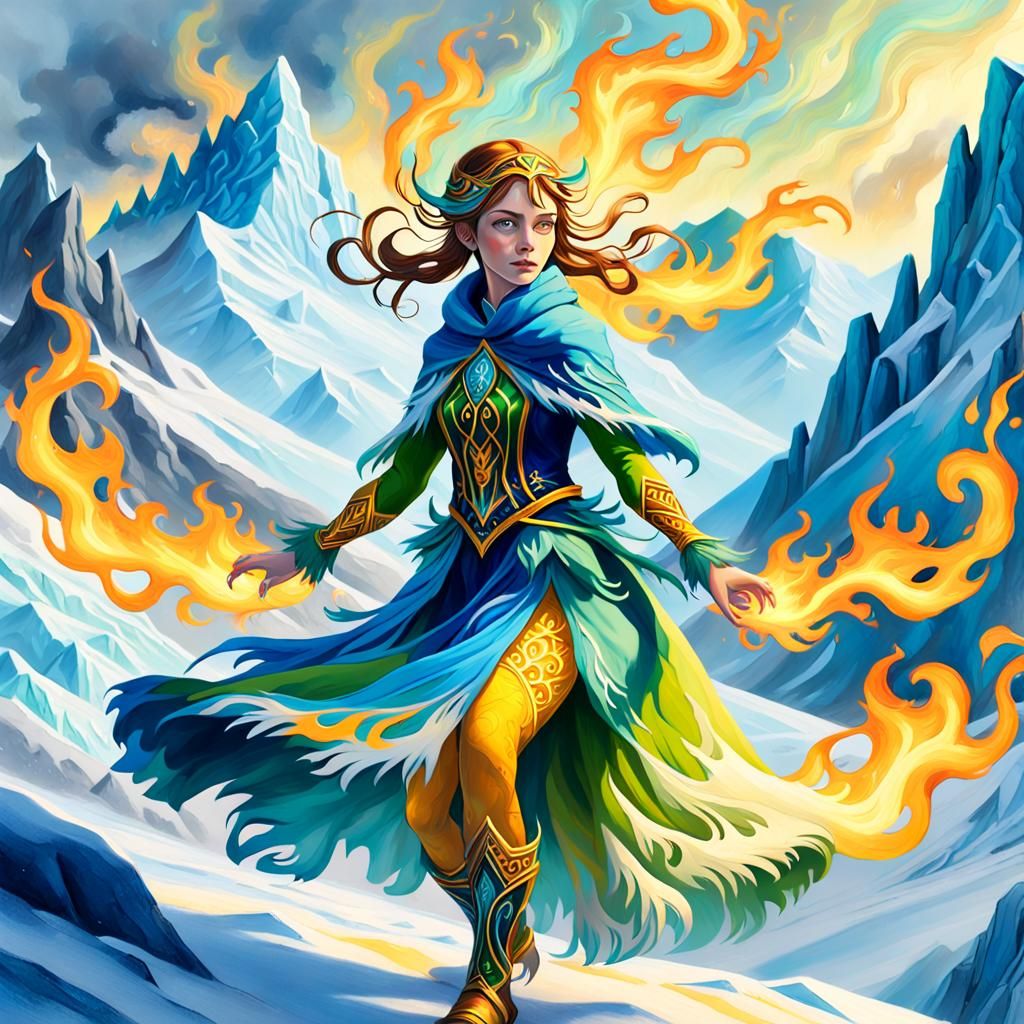 Flaming Maiden in Frozen Tundra: Triadic Color Oil Painting