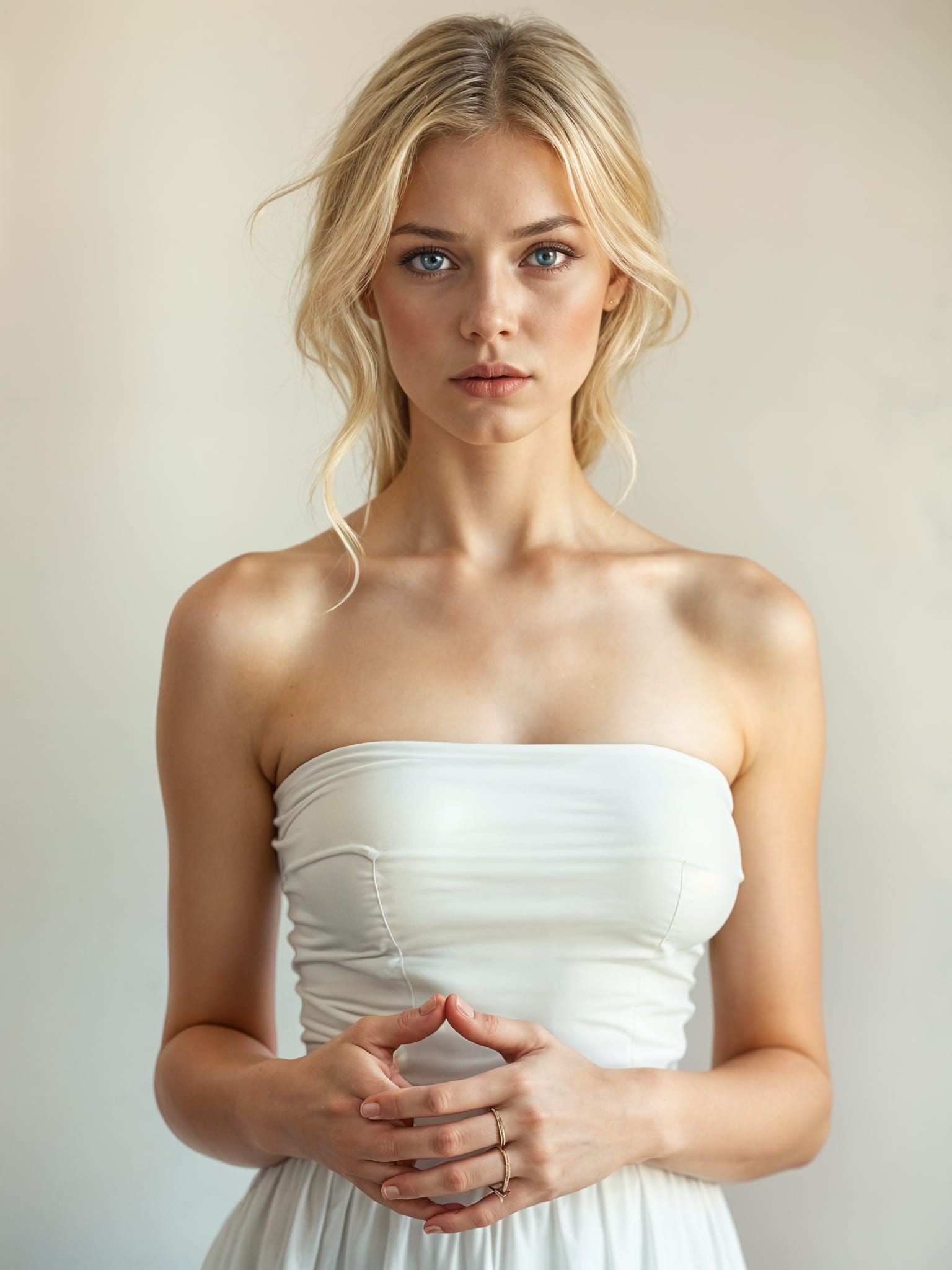 Feminine Blonde Woman in Simple White Outfit