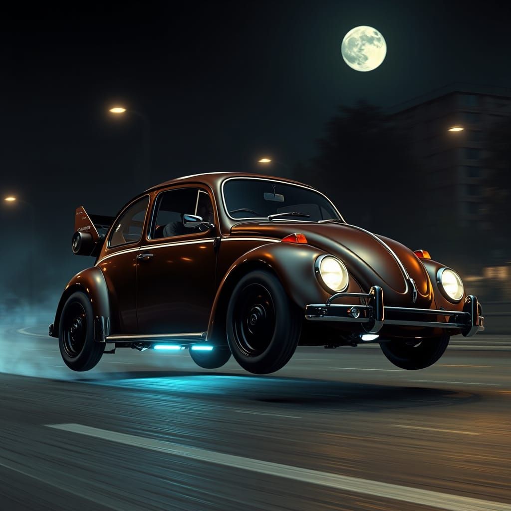 Time-Traveling Volkswagen Bug in Futuristic Madrid
