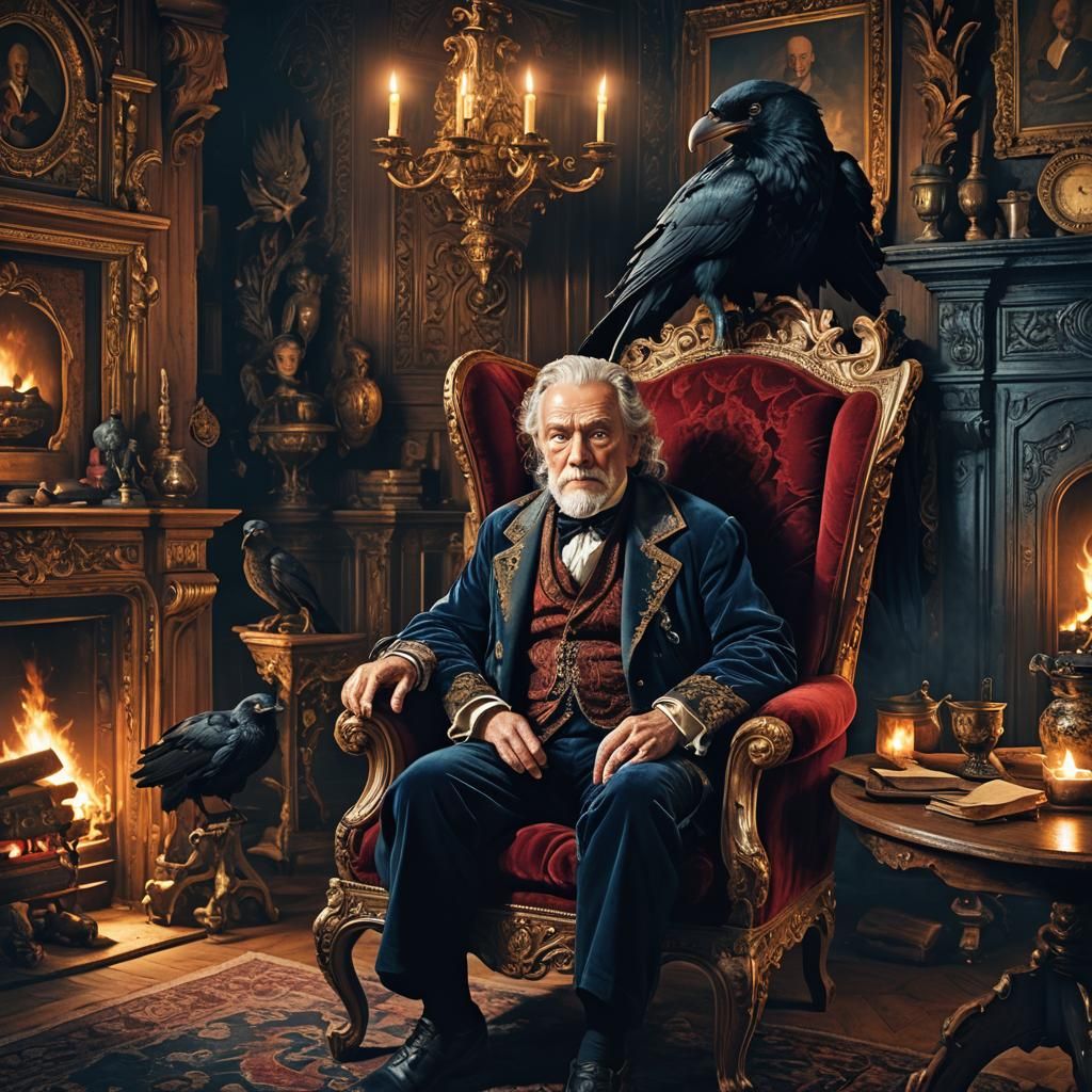 Sweating Old Man with Raven in Baroque House