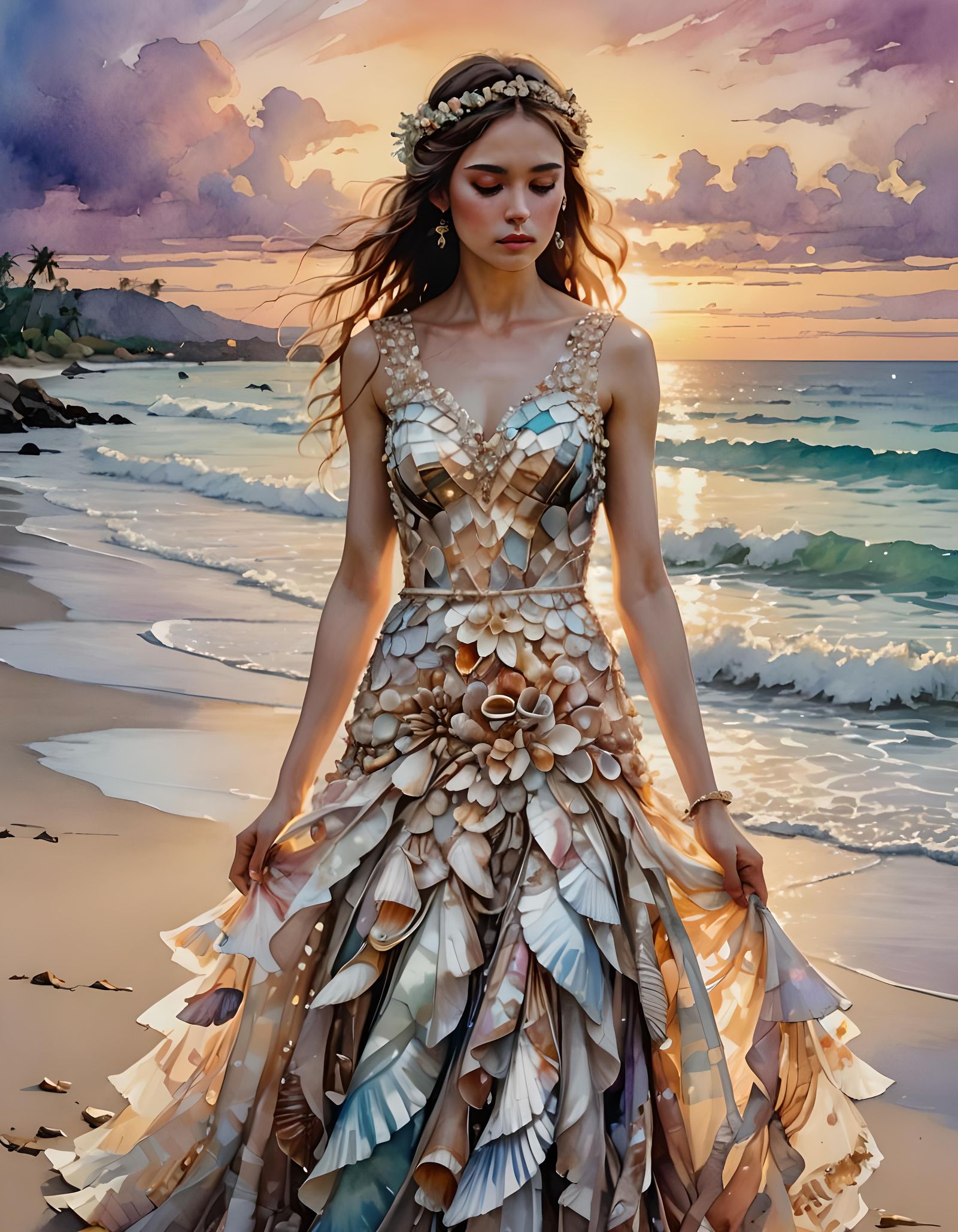Bride in Shell Dress: Digital Watercolor Summerscape