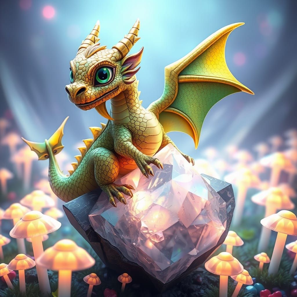 Majestic Dragon Perched on Glowing Mushroom Crystal in Vibra...
