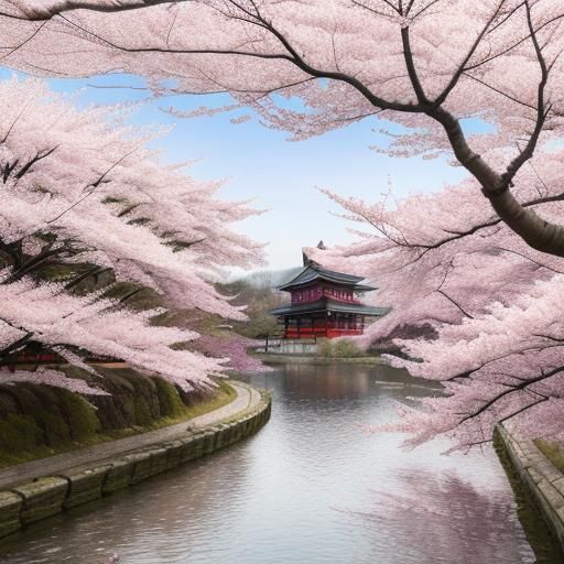 Wolf Under Cherry Blossoms in Japanese Watercolor