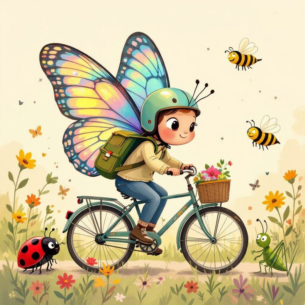 Butterfly on Bicycle with Friends in Whimsical Style