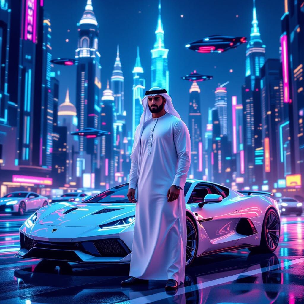 Futuristic Arabic Man in Neon Cityscape