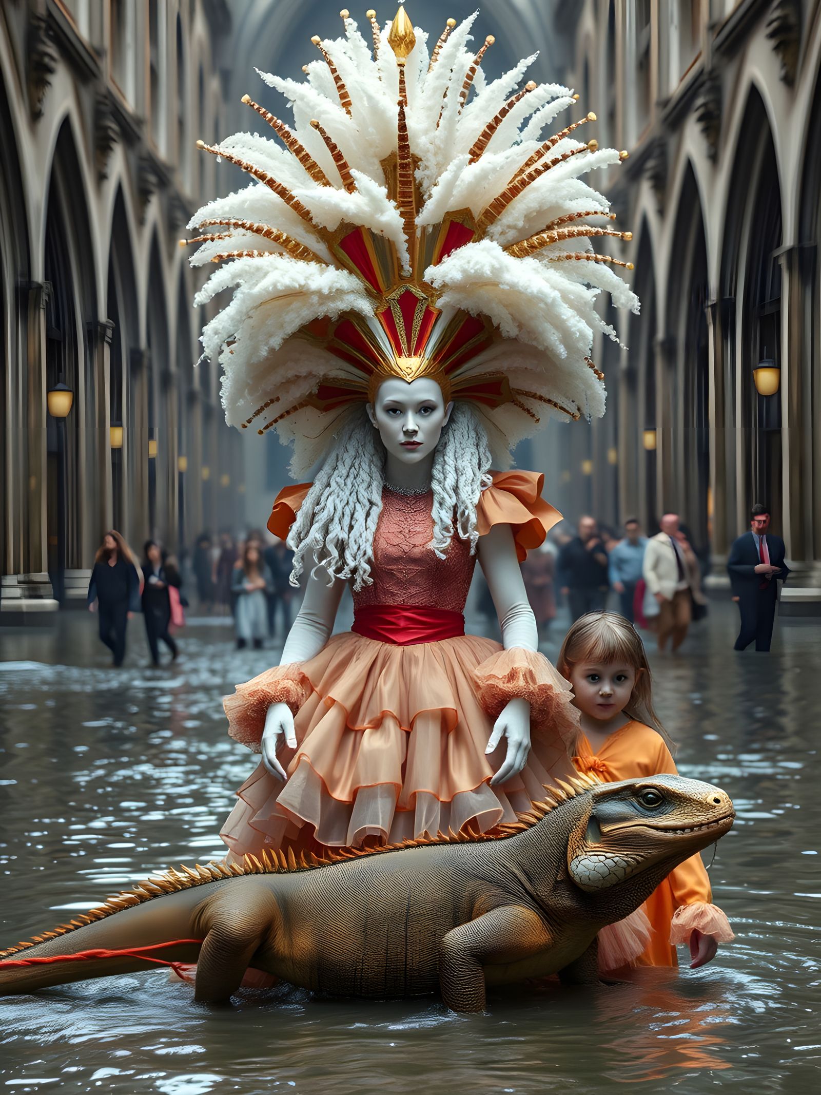 Albino Woman Walking Dragon in Gothic Cathedral