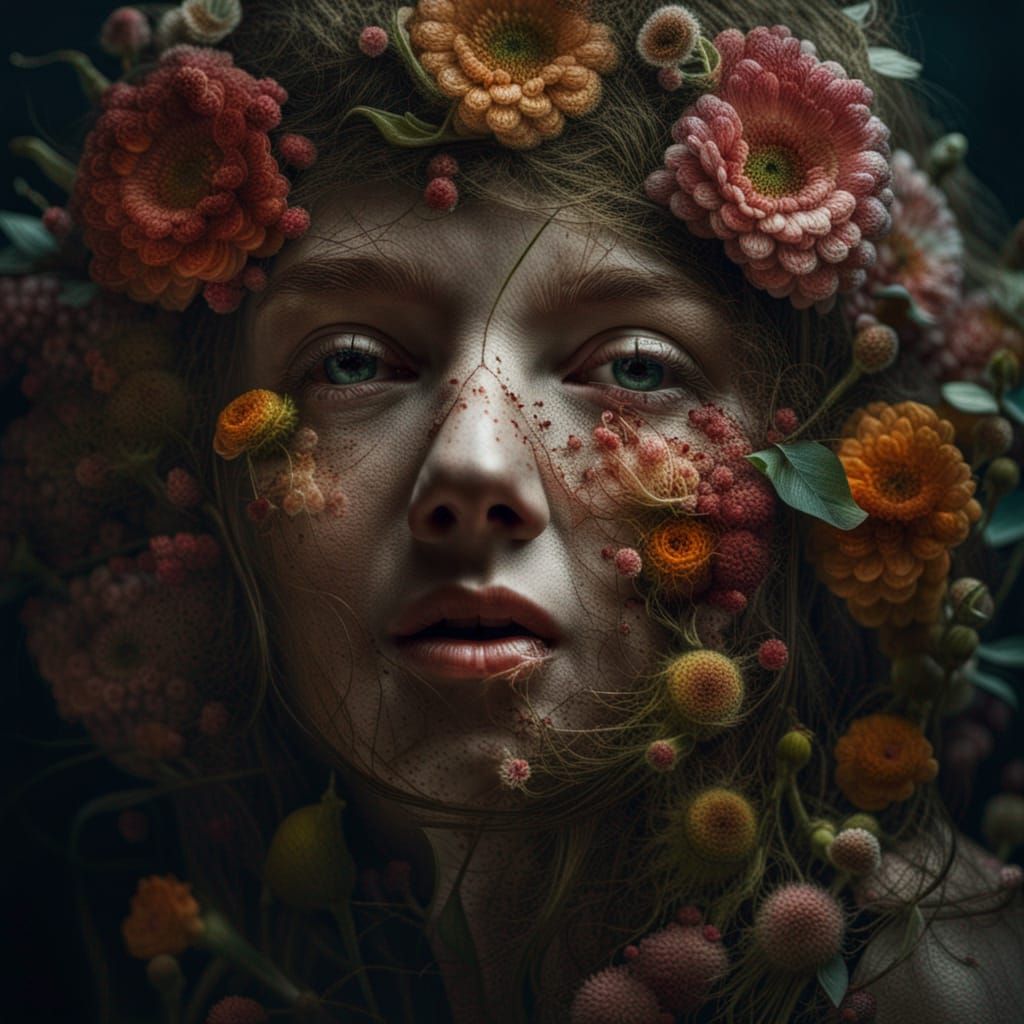 Detailed Portrait of Flower Woman in Hyperrealism Style