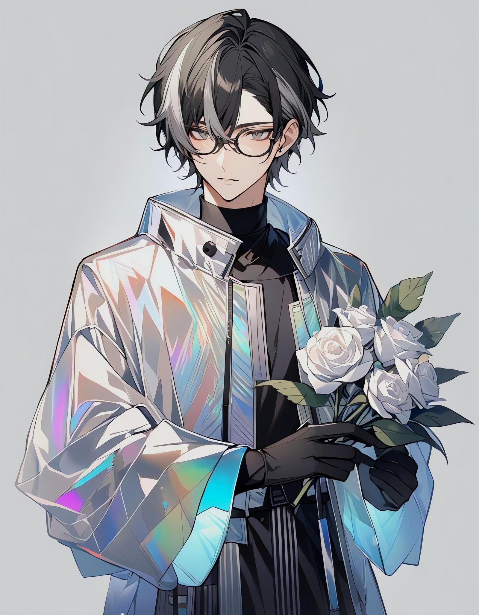 Bishounen Android with Rose in Holographic Clothing
