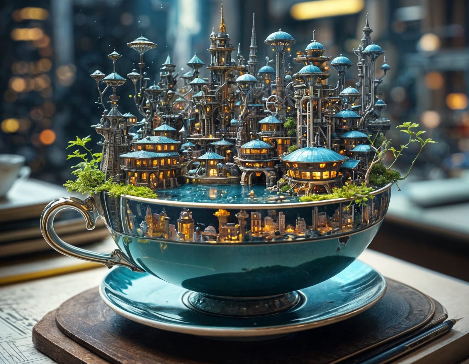 Futuristic City Ecosystem on Teacup, Detailed Sci-Fi Art