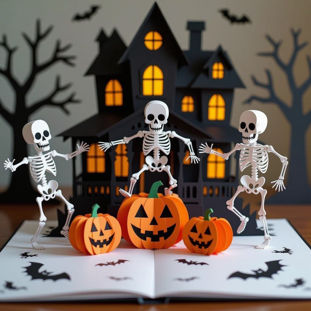 Halloween Pop-Up Book Scene with Skeletons and Pumpkins